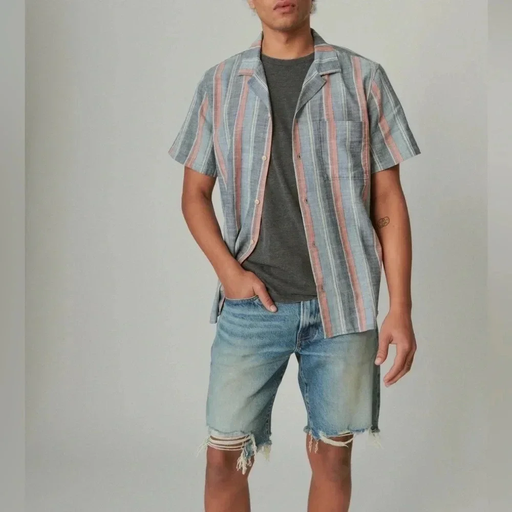 Lucky Brand Striped Short Sleeve Camp Collar Shirt - Size S - Blue/Red - NWT - Picture 4 of 12